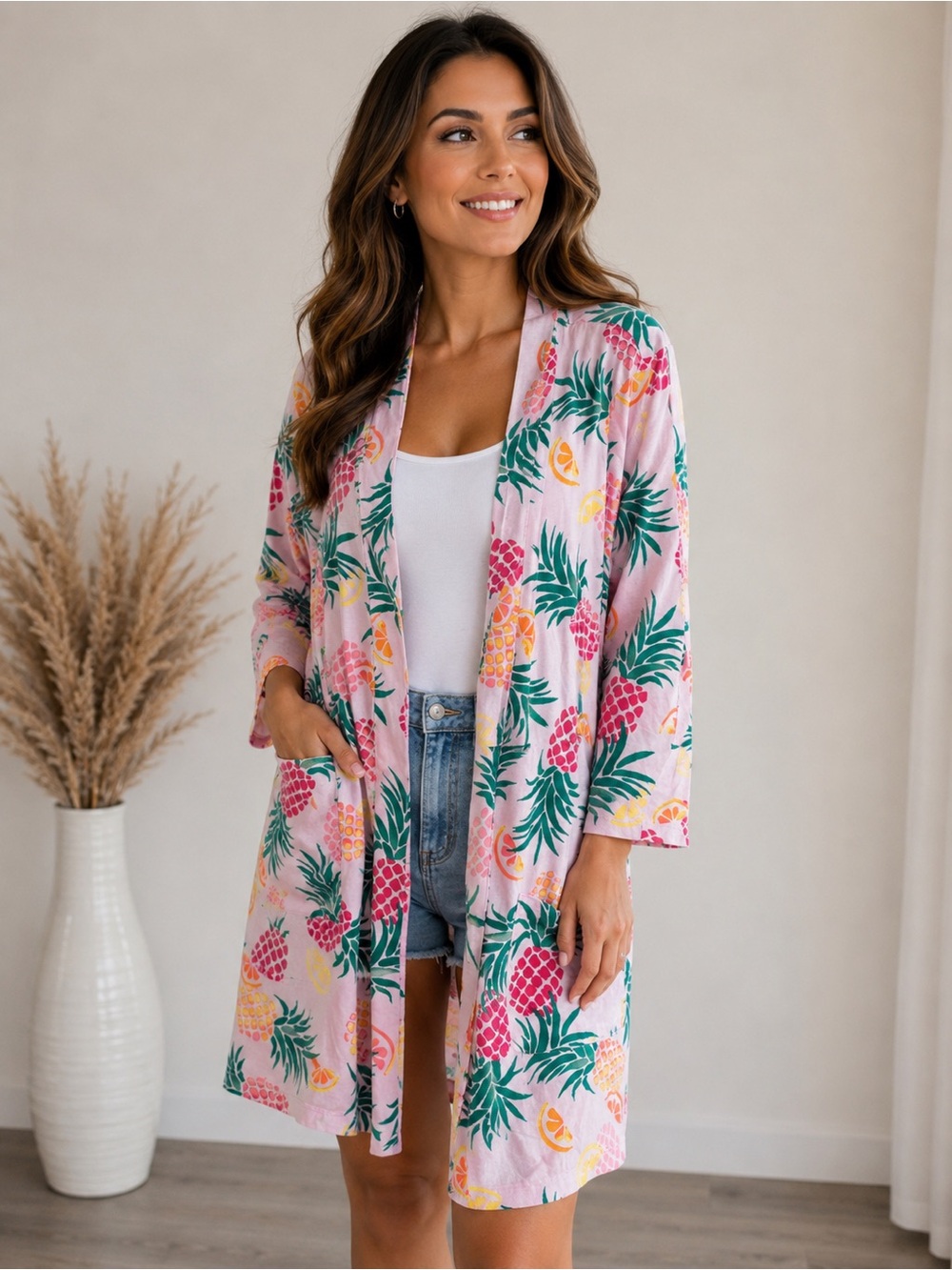 Joe Fresh Pink Tropical Pineapple Print Open Front Cardigan Cover-Up Medium